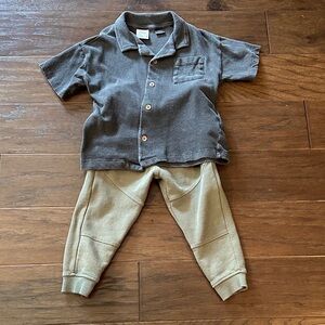 Zara Charcoal Button-Up Shirt with adorable green/khaki soft joggers.